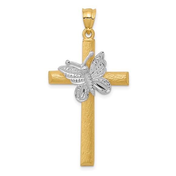 14k Two-tone Genuine Gold Cross with Butterfly Necklace Charm Pendant - Picture 1 of 4